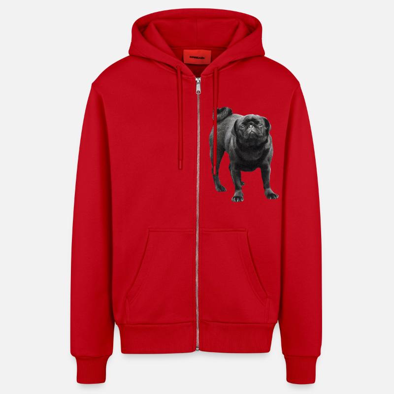 Pug noir - Veste à capuche bio décontractée fabriquée en UE - rouge