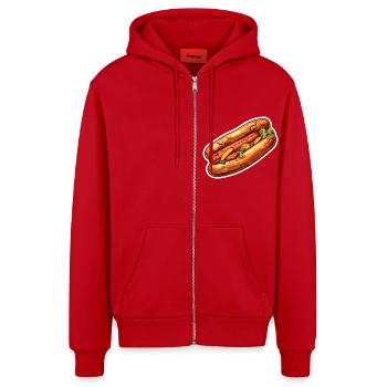 Bratwurst im Brötchen - Organic Relaxed Kapuzenjacke Made in EU - Rot - Vorne