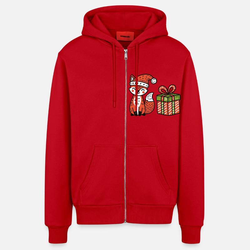 Weihnachtsfuchs mit Mütze und Geschenk - Organic Relaxed Kapuzenjacke Made in EU - Rot