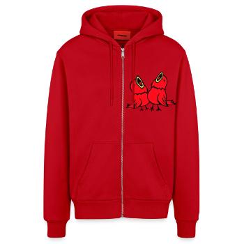 2 Budgies, Songbirds, Sparrows, Chirping Team - Organic Relaxed Hooded Jacket Made in EU - red - Front