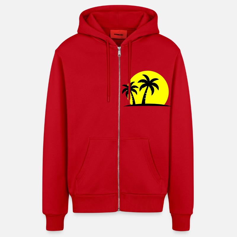 Palm Tree Beach Sunset Holiday - Veste à capuche bio décontractée fabriquée en UE - rouge