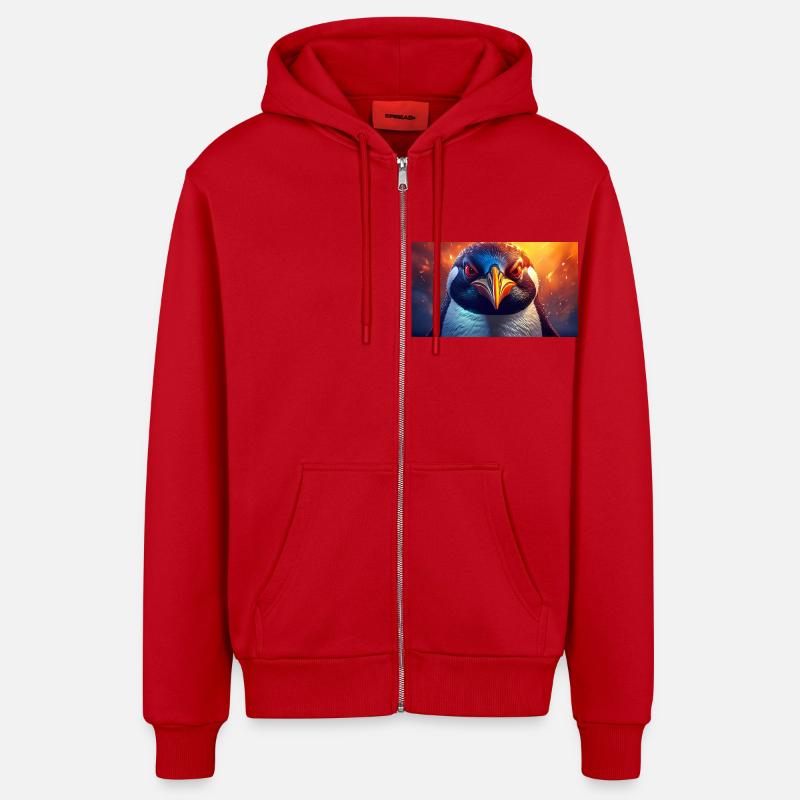 Cute grumpy grouchy animals - penguin - Organic Relaxed Hooded Jacket Made in EU - red