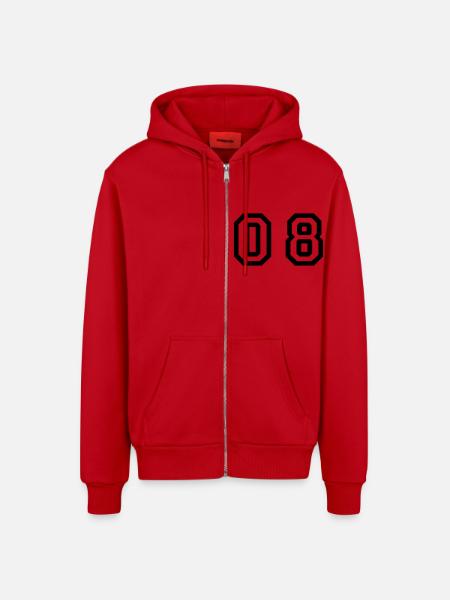 number - 08 - zero eight - Organic Relaxed Hooded Jacket Made in EU - red