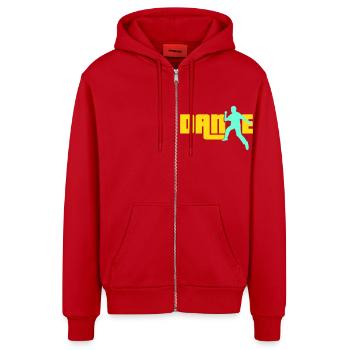 Dance Text Tanzender Mann Silhouette Party Musik - Organic Relaxed Kapuzenjacke Made in EU - Rot - Vorne