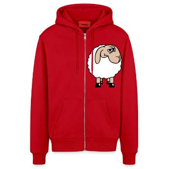 Sheep looks skeptical, critical, suspicious stares - Organic Relaxed Hooded Jacket Made in EU - red - Front
