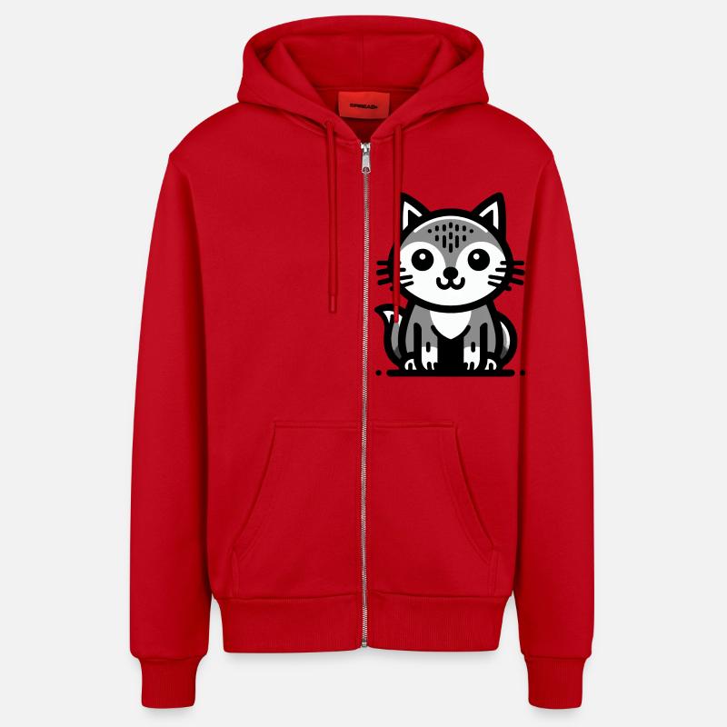 Chat de dessin animé mignon - Veste à capuche bio décontractée fabriquée en UE - rouge