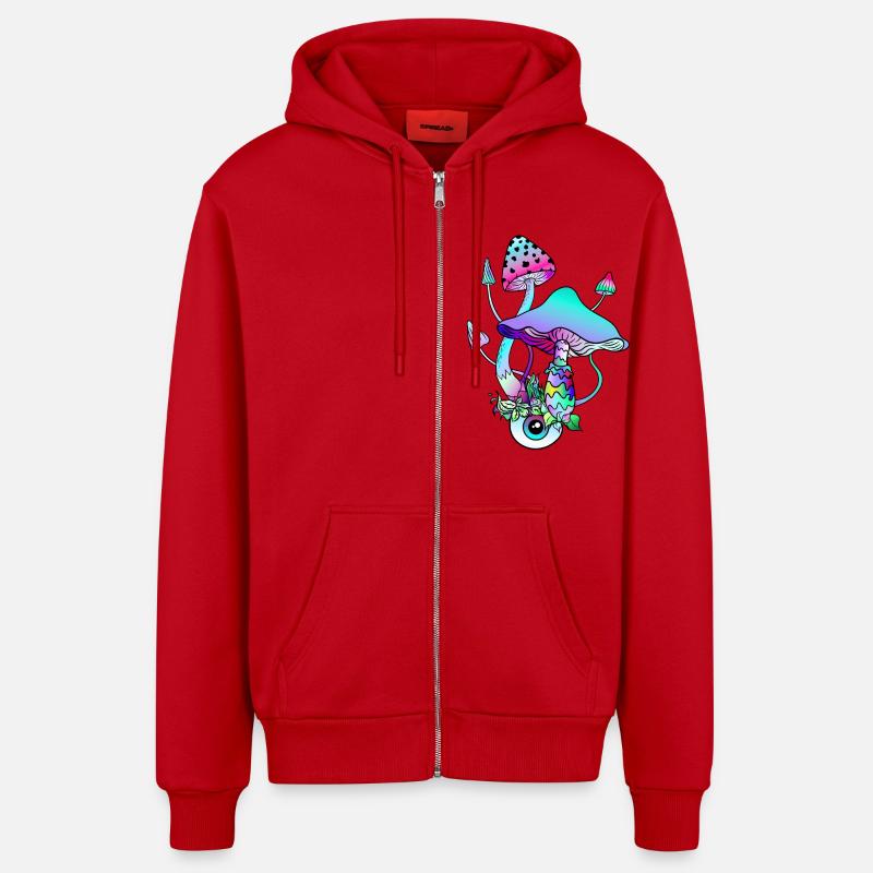 Champignons magiques Art psychédélique - Veste à capuche bio décontractée fabriquée en UE - rouge