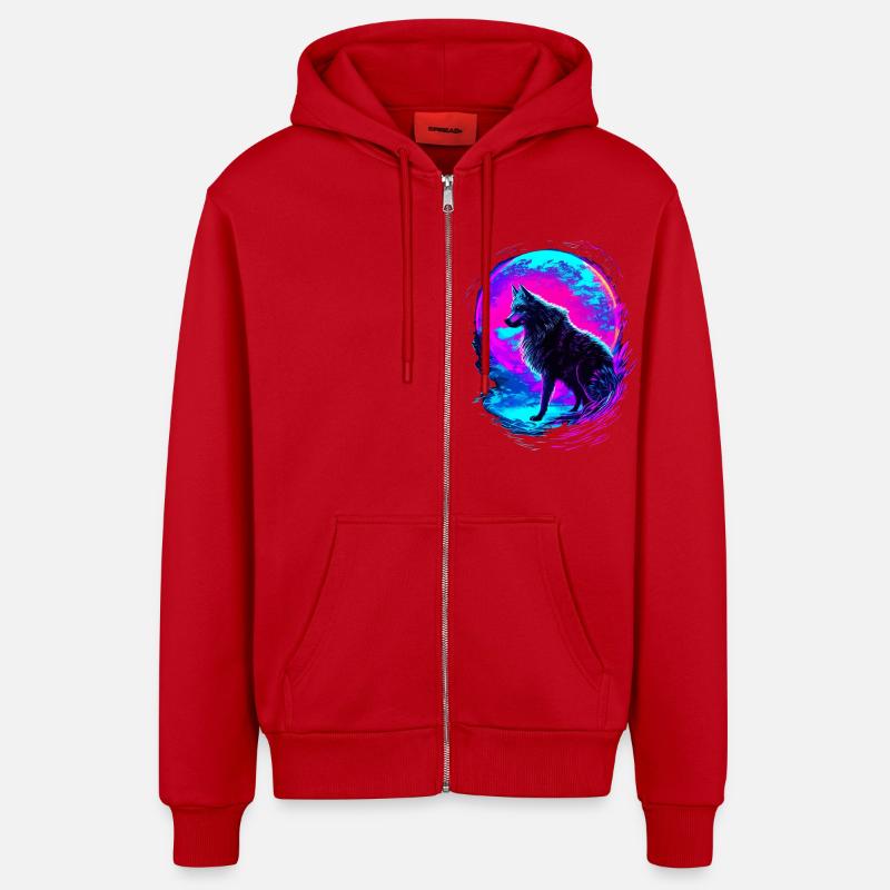 Wolf Neon Moon Synthwave - Organic Relaxed Kapuzenjacke Made in EU - Rot
