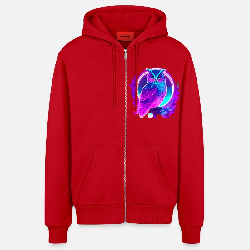 Owl Neon Moon Synthwave - Veste à capuche bio décontractée fabriquée en UE - rouge