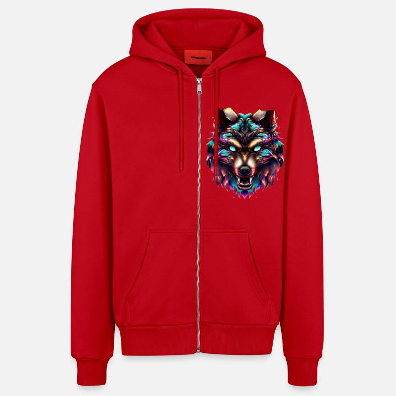 Wolf's Head Synthwave Wolf - Organic Relaxed Hooded Jacket Made in EU - red