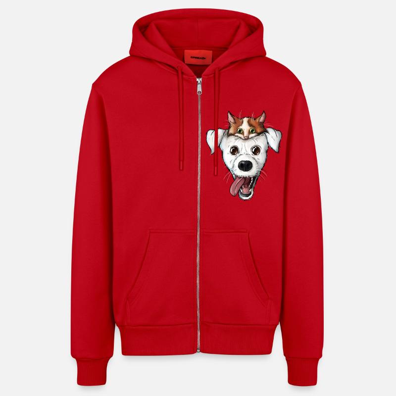 Visage de chien chat - Veste à capuche bio décontractée fabriquée en UE - rouge