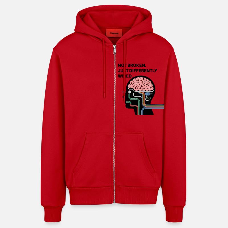 Pas cassé – juste câblé différemment - Veste à capuche bio décontractée fabriquée en UE - rouge
