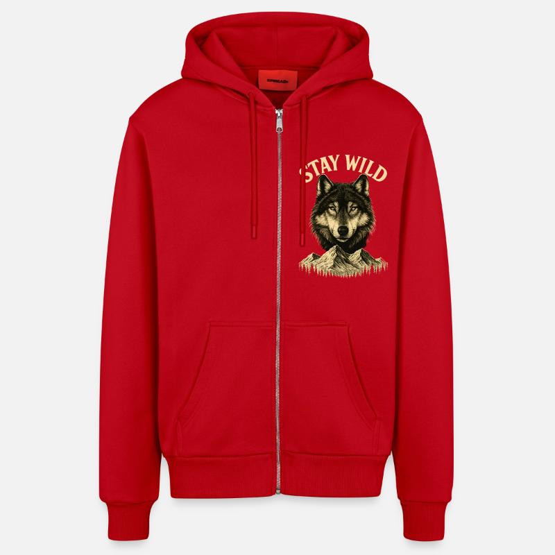Stay Wild - Restez sauvage - Loup - Veste à capuche bio décontractée fabriquée en UE - rouge