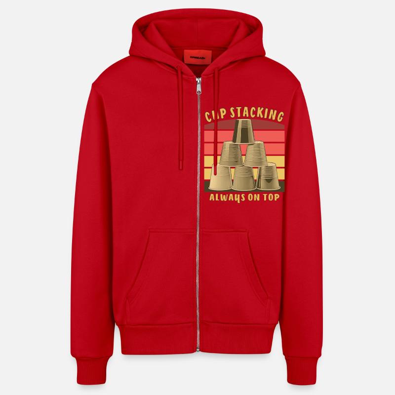 CUP STACKING ALWAYS ON TOP - Organic Relaxed Hooded Jacket Made in EU - red
