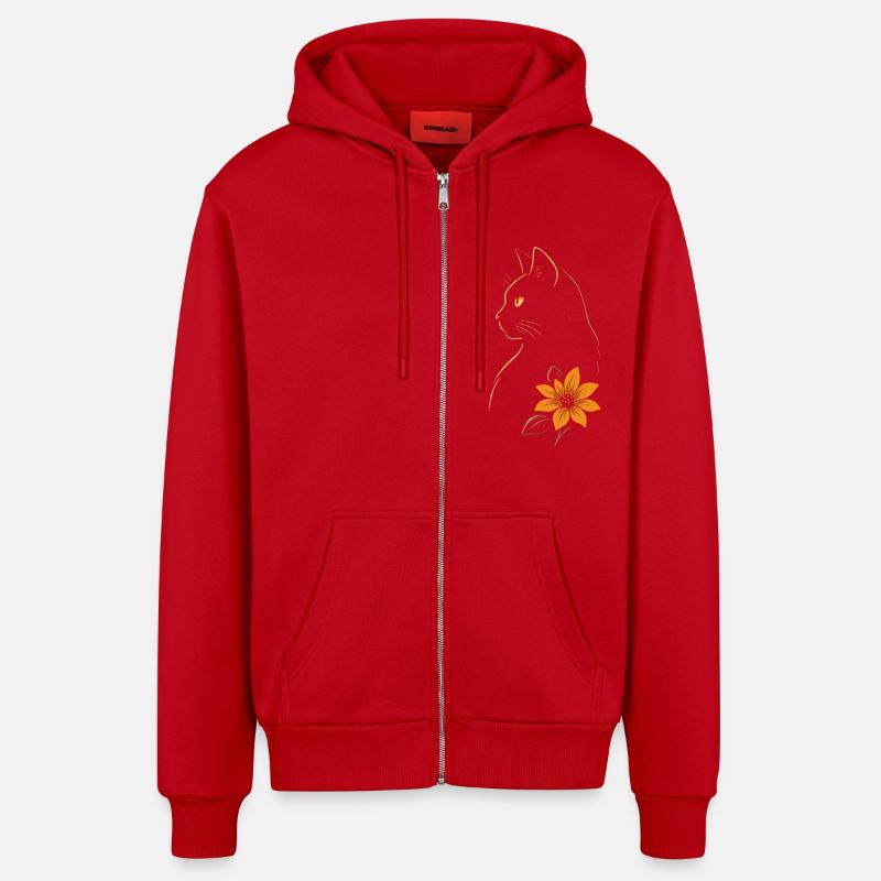 Chat Dessiné Fleur - Veste à capuche bio décontractée fabriquée en UE - rouge