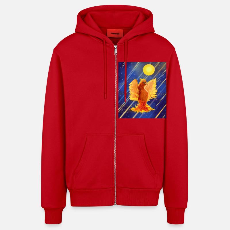 Cosmic Glowing Firebird: Cyber-Semurg - Organic Relaxed Hooded Jacket Made in EU - red
