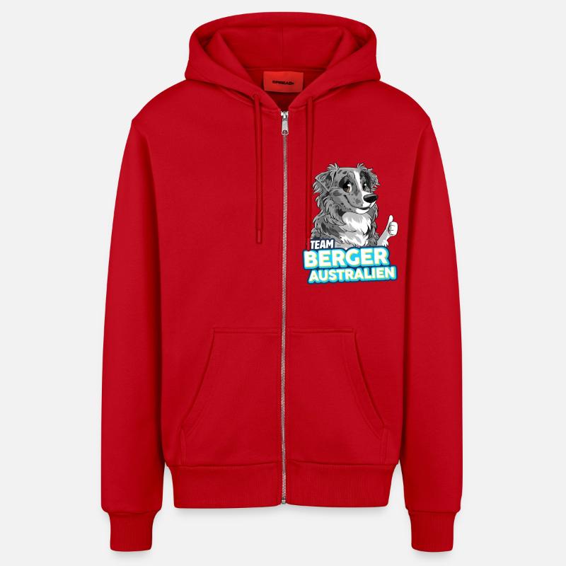 TEAM Berger Australien - Bleu Merle - Veste à capuche bio décontractée fabriquée en UE - rouge