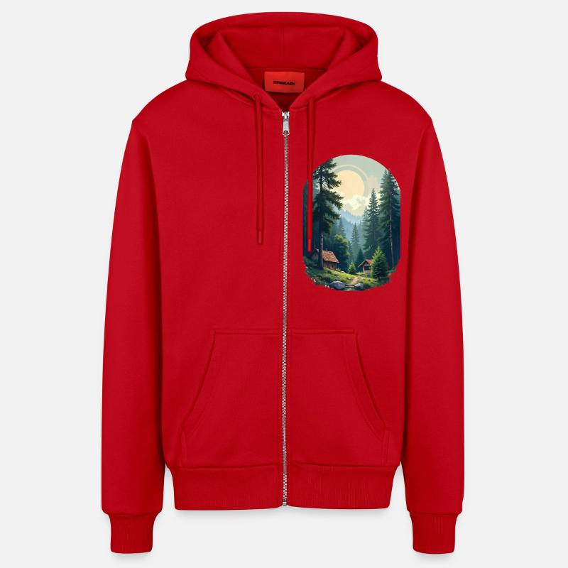 Cabane pixélisée dans les bois - Veste à capuche bio décontractée fabriquée en UE - rouge