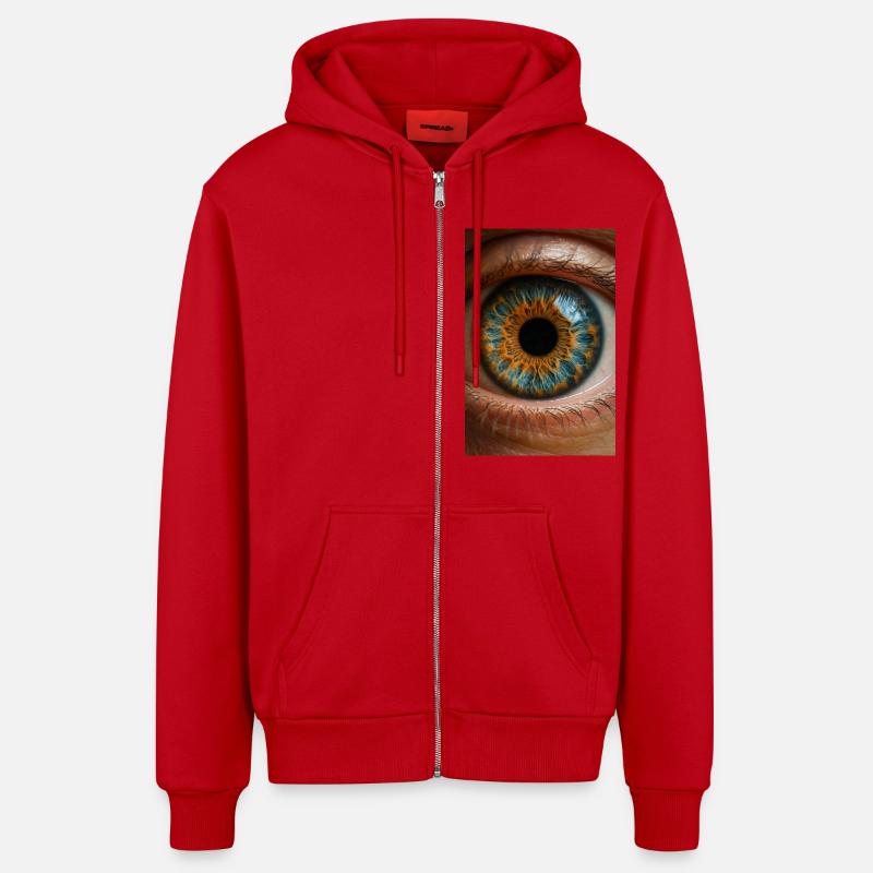 Iris bleu feu Gros plan - Veste à capuche bio décontractée fabriquée en UE - rouge