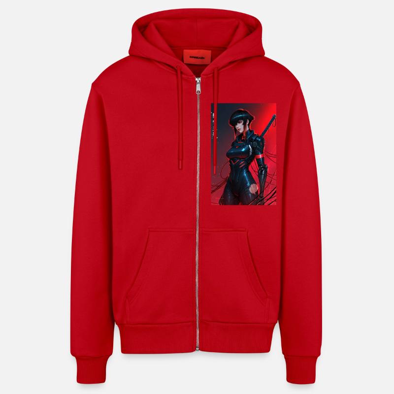 Samouraï cyberpunk câblé rouge avec Katana - Veste à capuche bio décontractée fabriquée en UE - rouge