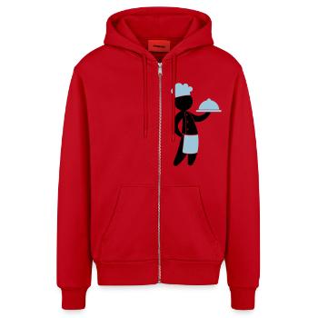 A gourmet chef serves guests - Organic Relaxed Hooded Jacket Made in EU - red - Front