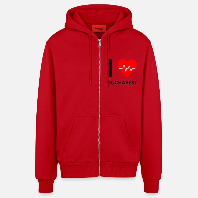 J'aime Bucarest - J'adore Bucarest - Veste à capuche bio décontractée fabriquée en UE - rouge