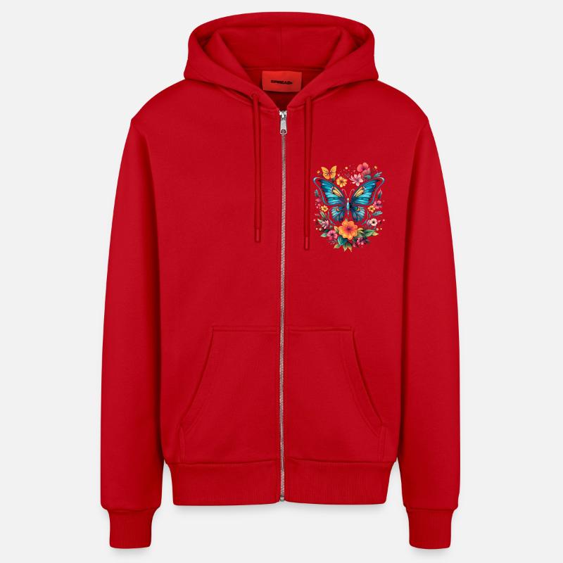 Papillon avec des fleurs - Veste à capuche bio décontractée fabriquée en UE - rouge