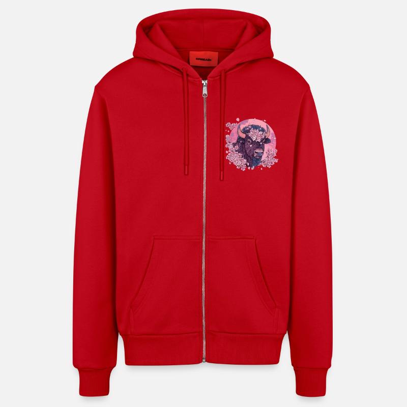 Bison mit Kirschblütenkranz - Organic Relaxed Kapuzenjacke Made in EU - Rot