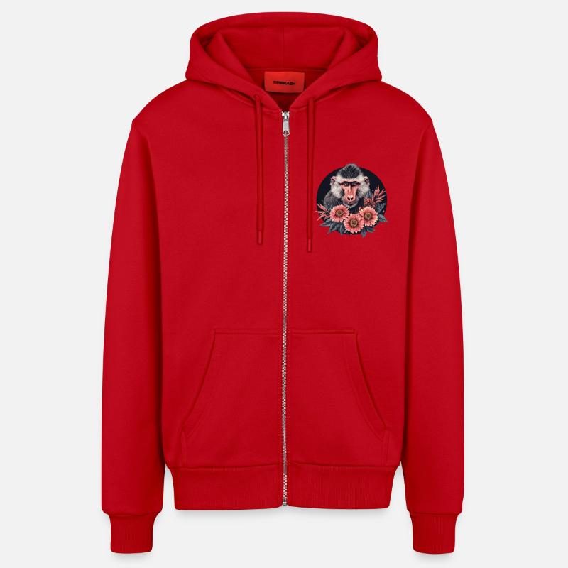 Mandrill à fleurs - Veste à capuche bio décontractée fabriquée en UE - rouge