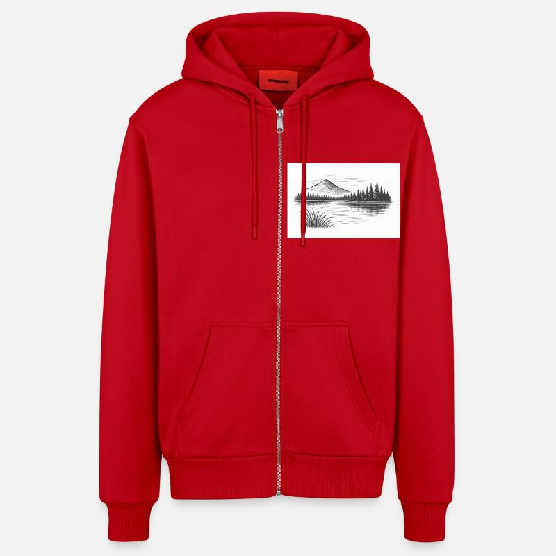 Bergpanorama hinter See - Organic Relaxed Kapuzenjacke Made in EU - Rot