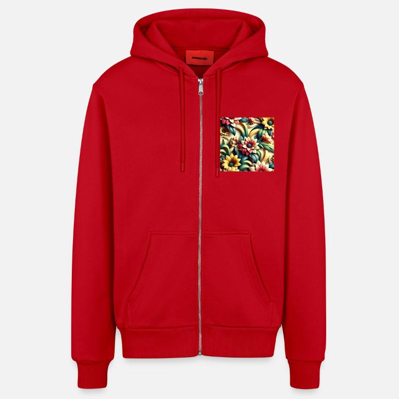 Blumenmuster 3D Effekt - Organic Relaxed Kapuzenjacke Made in EU - Rot