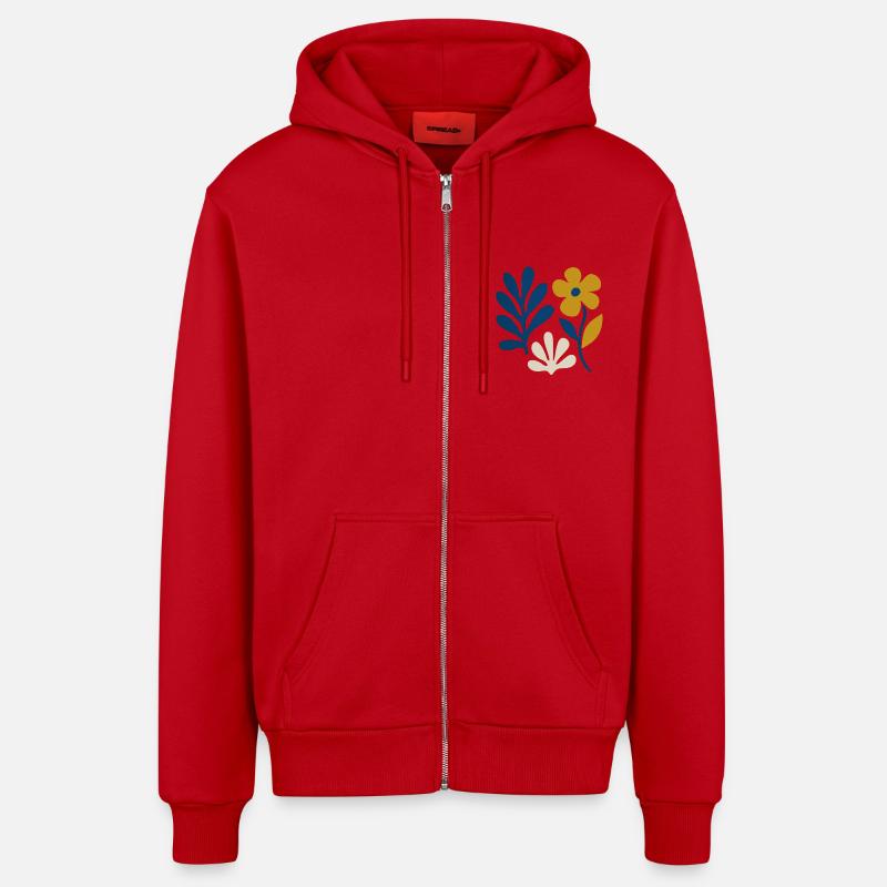 Composition florale – Bleu & Moutarde - Veste à capuche bio décontractée fabriquée en UE - rouge