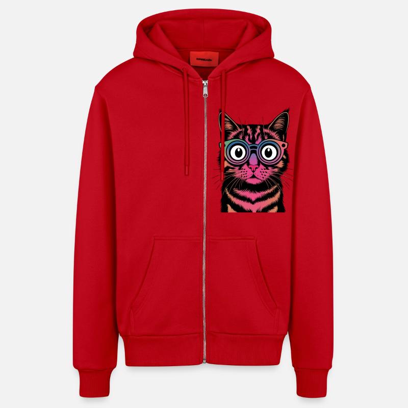 Chat arc-en-ciel avec des lunettes - Veste à capuche bio décontractée fabriquée en UE - rouge