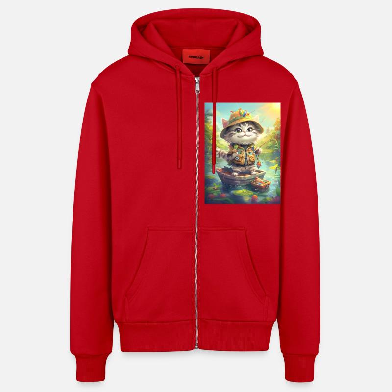 Chat Pêche Cadeau Pêche - Veste à capuche bio décontractée fabriquée en UE - rouge