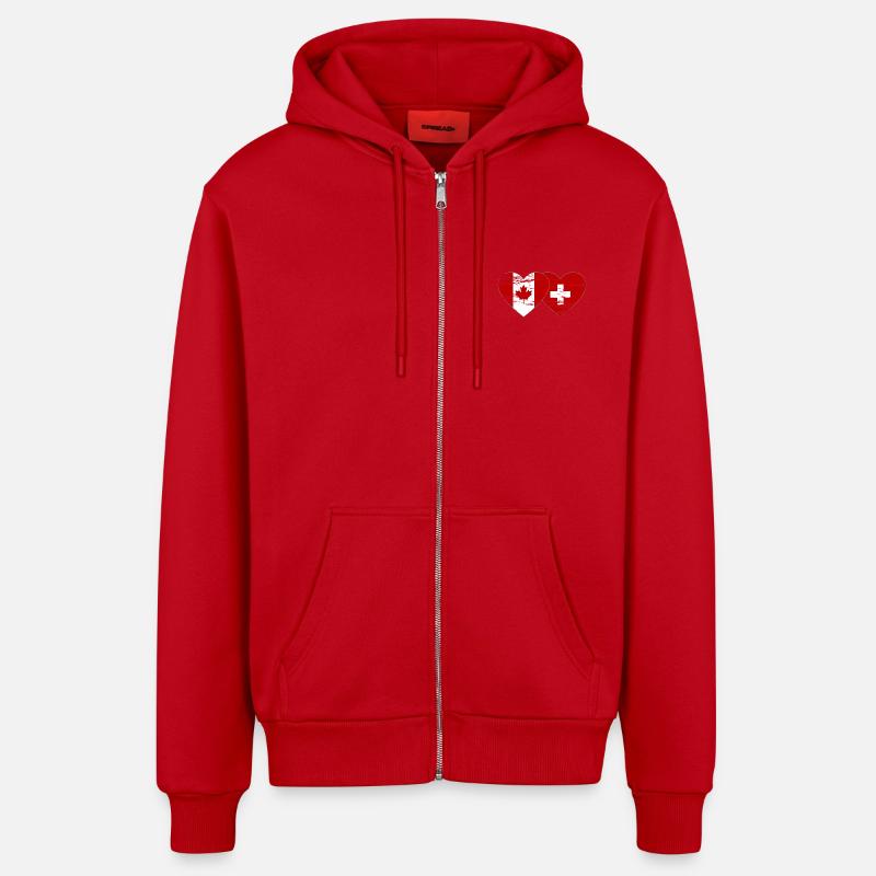 Canada Suisse Drapeau Coeur Utilisé - Veste à capuche bio décontractée fabriquée en UE - rouge