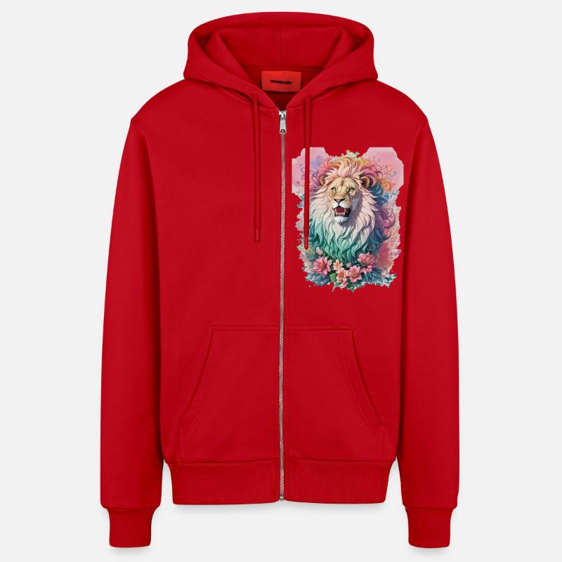 Aquarelle Lion - Veste à capuche bio décontractée fabriquée en UE - rouge