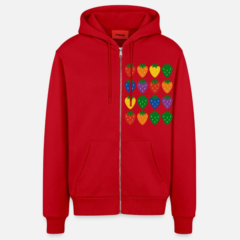 Buntes Regenbogen-Erdbeermuster - Organic Relaxed Kapuzenjacke Made in EU - Rot