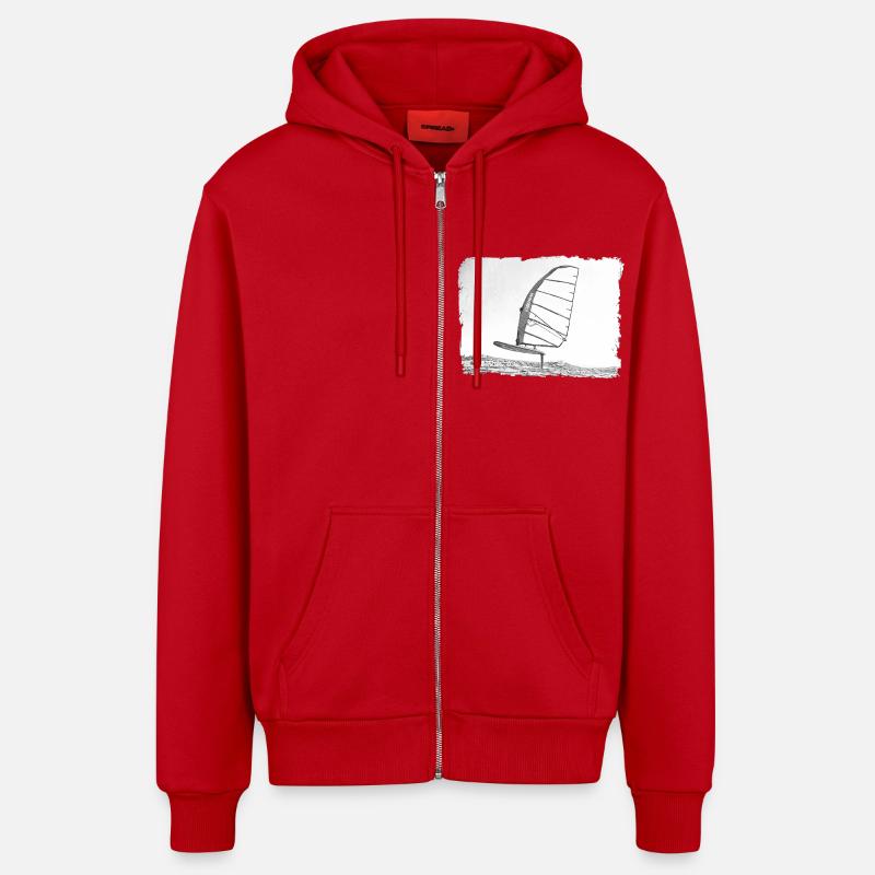 Windsurf Foil / Foiling Hand-Drawing Sketch - Organic Relaxed Hooded Jacket Made in EU - red
