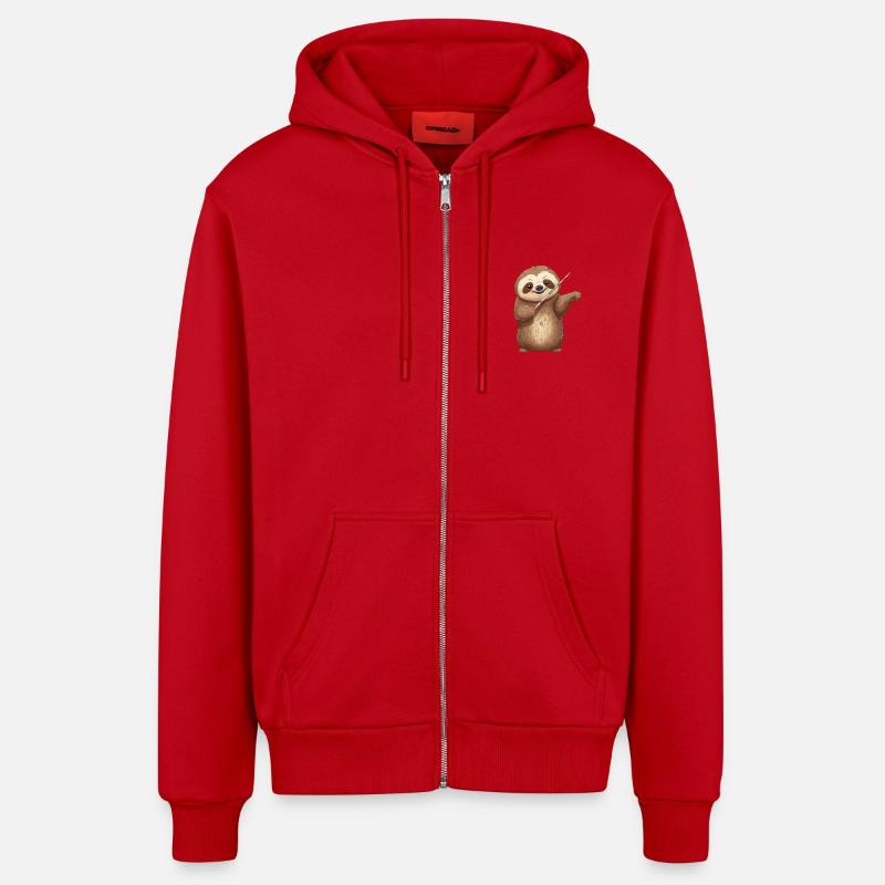 Faultier-Dirigent: Harmonie in Slow-Motion - Organic Relaxed Kapuzenjacke Made in EU - Rot