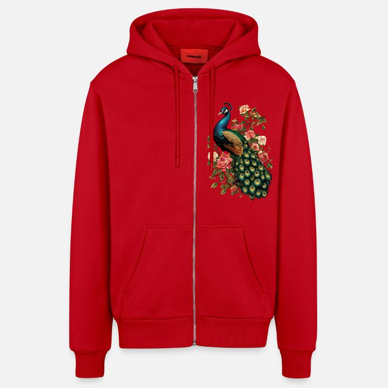Paon Floral Floral - Veste à capuche bio décontractée fabriquée en UE - rouge