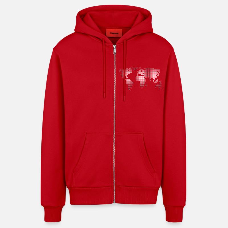 Pixel Carte du monde - Veste à capuche bio décontractée fabriquée en UE - rouge