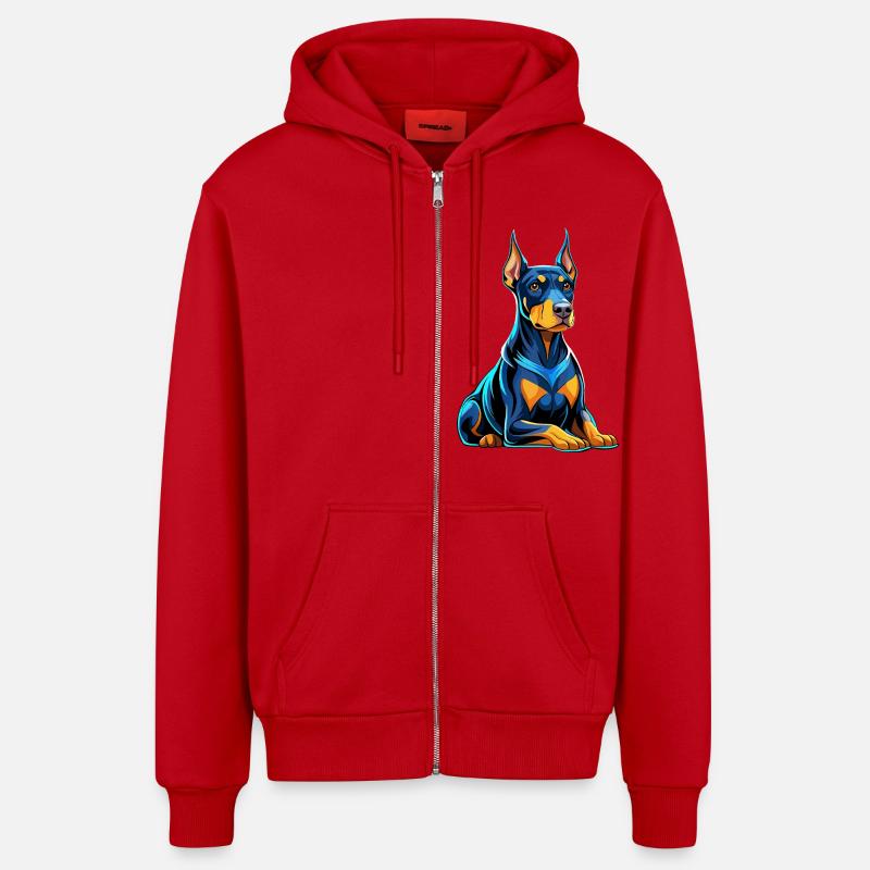 Dobermann sitzend mit Hundeblick - Organic Relaxed Kapuzenjacke Made in EU - Rot