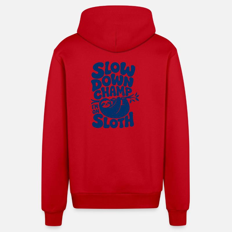 Slow Down Champ Sloth Design - Organic Relaxed Hooded Jacket Made in EU - red