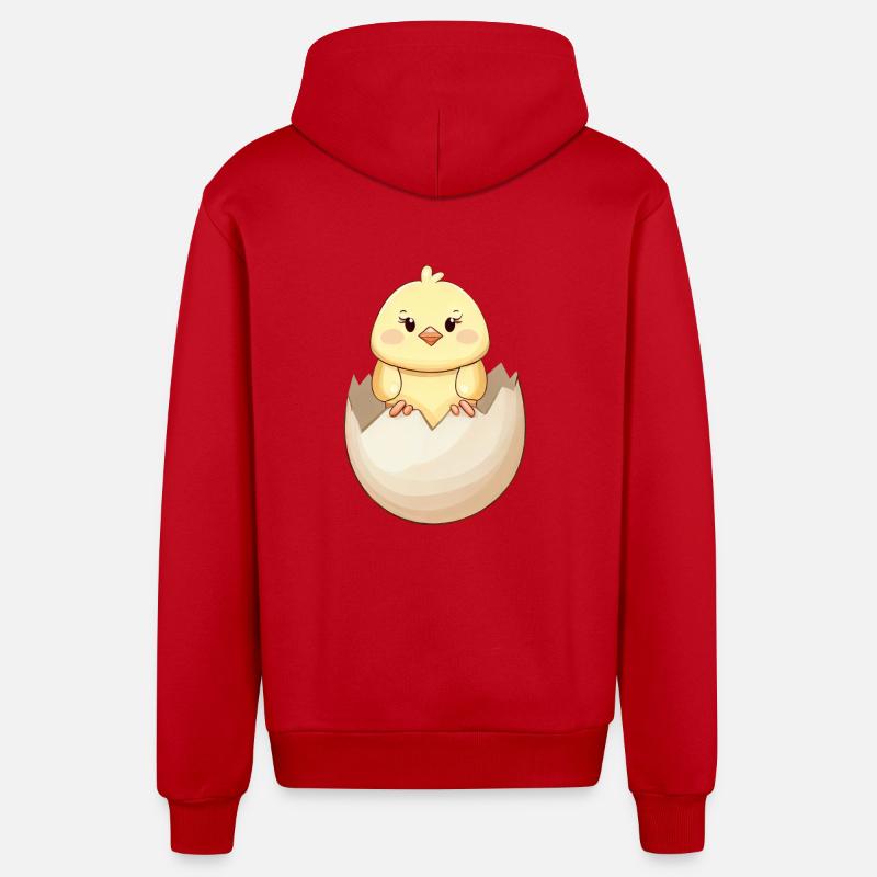 Poussin kawaii mignon, éclosion de la coquille d’œuf - Veste à capuche bio décontractée fabriquée en UE - rouge