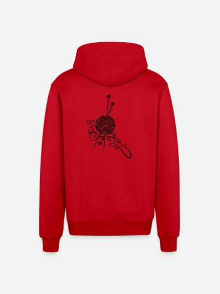 Knitting needles with wool and flowers. - Organic Relaxed Hooded Jacket Made in EU - red