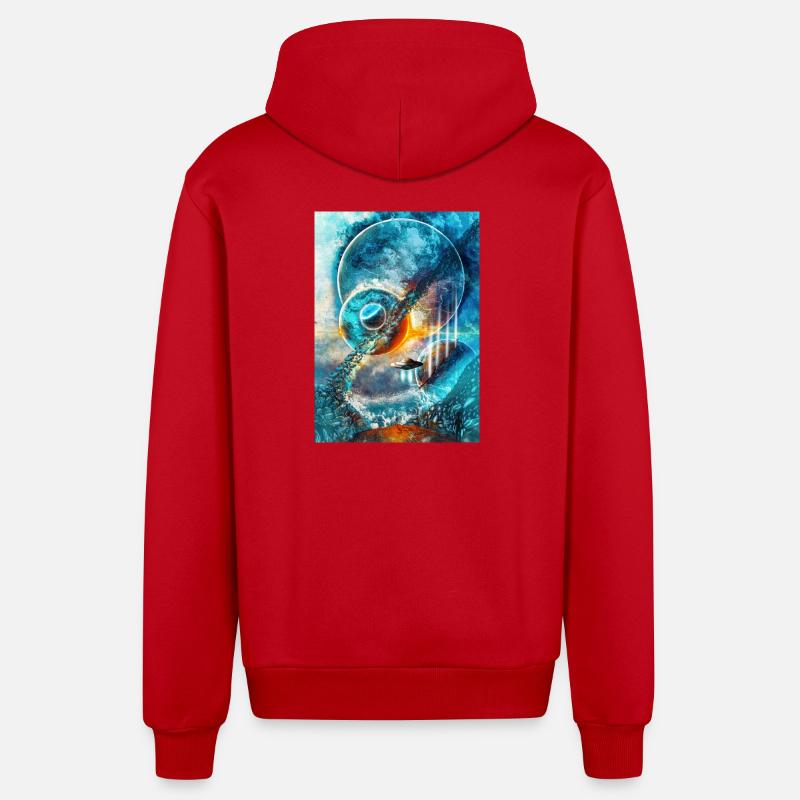 Blue Space Ring with Fire - Organic Relaxed Hooded Jacket Made in EU - red