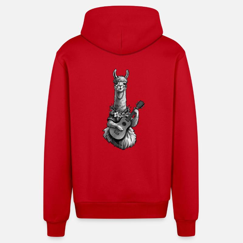 Llama Playing Ukulele - Black White - Organic Relaxed Hooded Jacket Made in EU - red