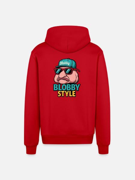 Blobby Style Cartoon Tee - Organic Relaxed Hooded Jacket Made in EU - red