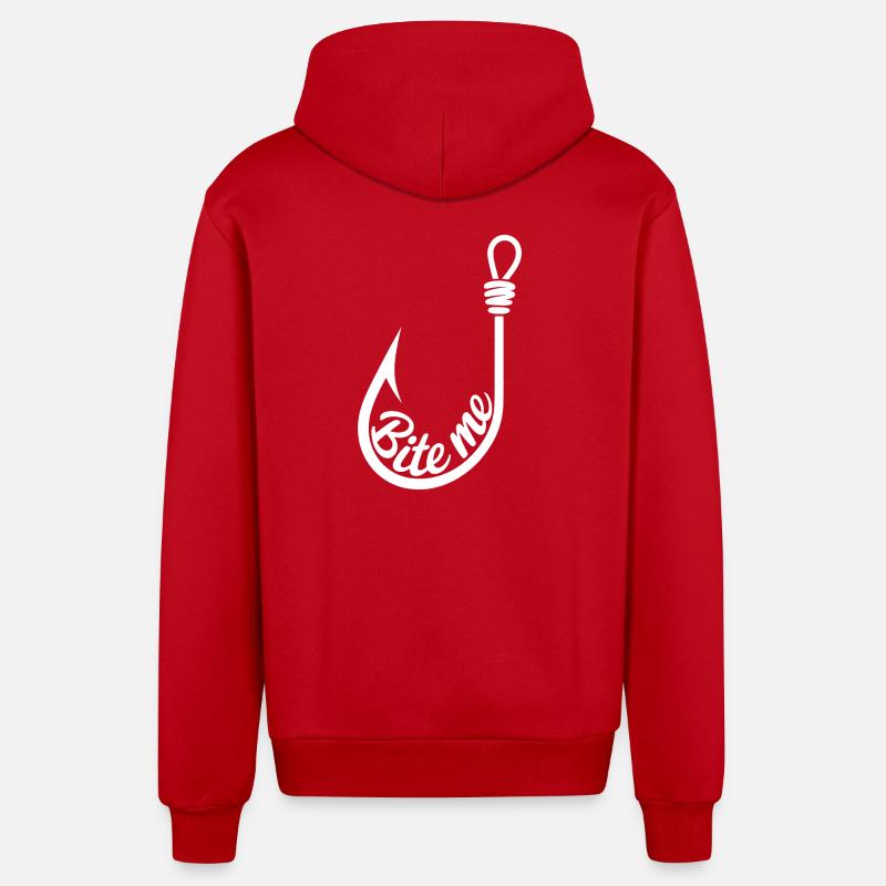 Bite Me Lure Hook Design - Organic Relaxed Hooded Jacket Made in EU - red