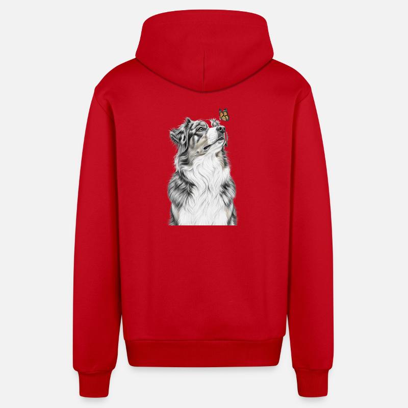 Aussie blickt Schmetterling Australian Shepherd - Organic Relaxed Kapuzenjacke Made in EU - Rot